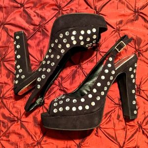 Black Suede Rhinestone Slingback Heels. 8M